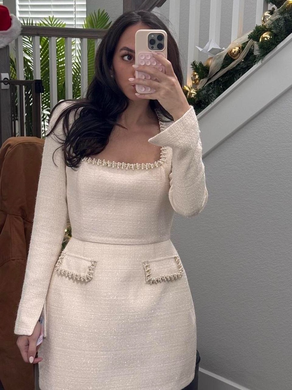 NADINE MERABI Cream Square-Neck Long-Sleeve Mini Dress - Picture 2 of 5